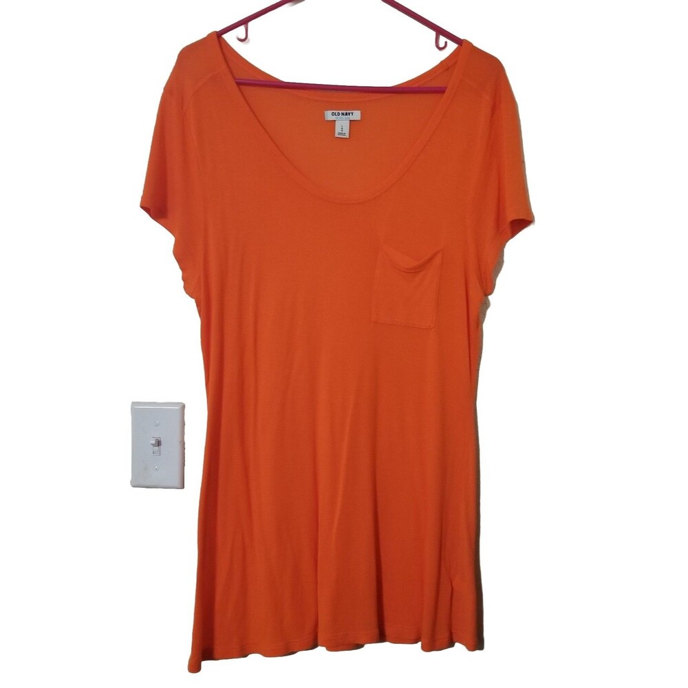 069) Old Navy Orange Large Womens Long Tshirt Short Sleeve Scoop Neck Pocket